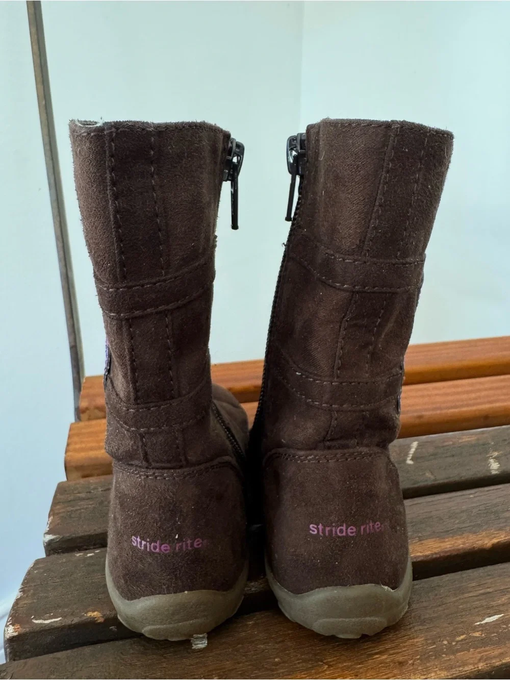 Stride Rite Toddler Brown Suede Winter Boots with Pink/purple Flower Embroidery